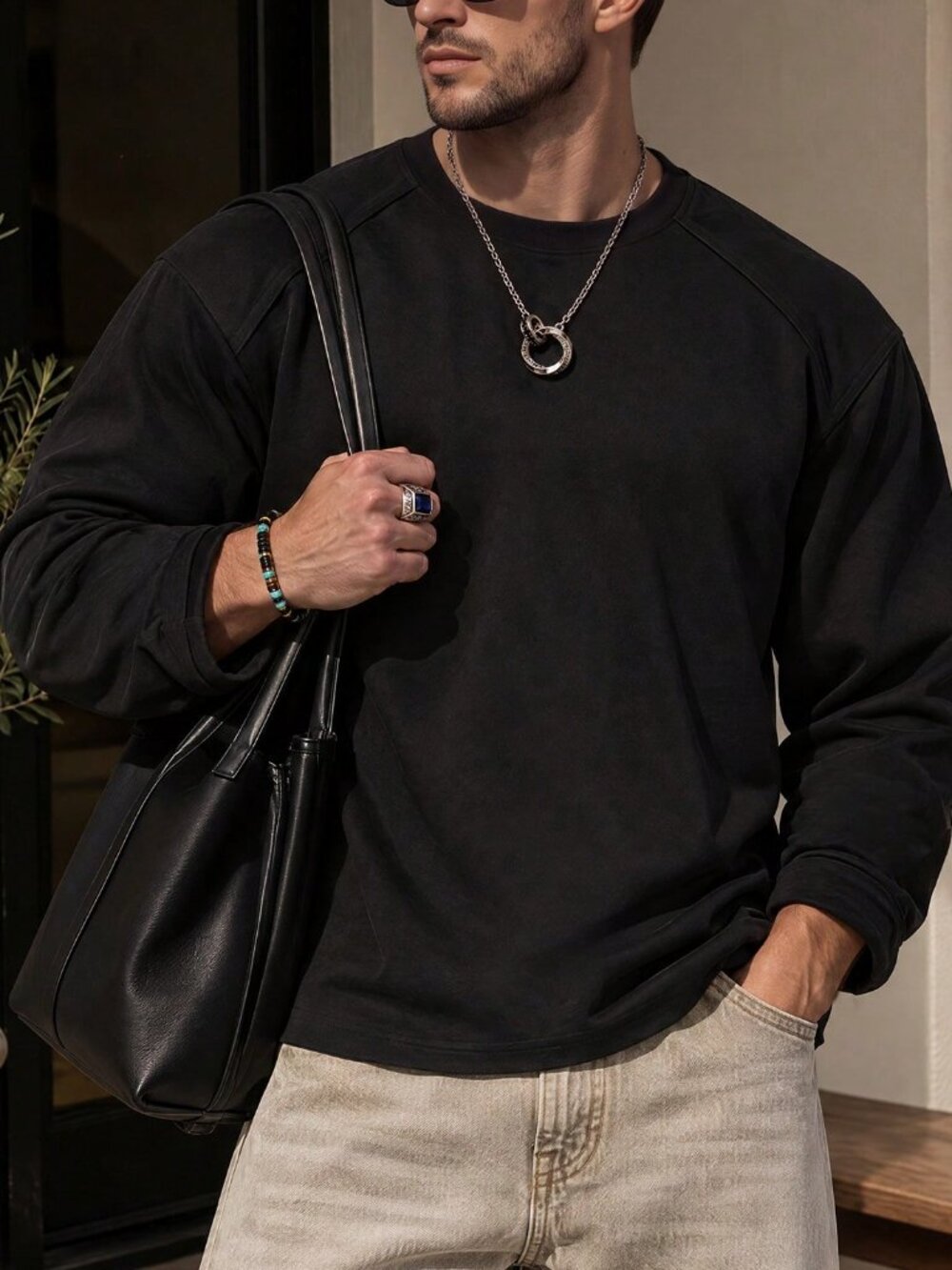 Black Casual Men's Drop Shoulder Plain Round Neck Long Sleeve T-Shirt